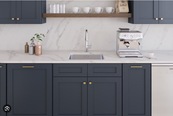 Navy Cabinet Detail with Marble Countertops
